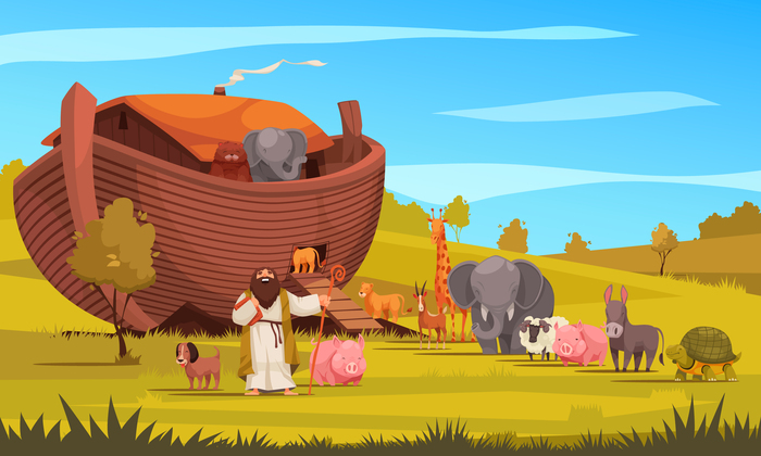 Animales llegando al arca de Noé