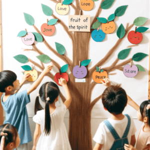 Frutal de los Frutos del Espíritu con niños que ponen frutos de papel