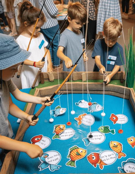 juego cristiano niños pescan usando cañas los peces con versículos bíblicos
