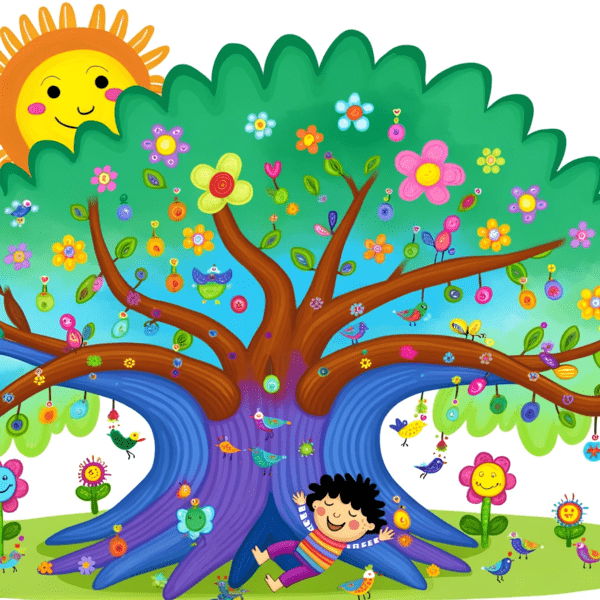 Niño se siente protegido bajo un árbol lleno de color con el salmo 91 para niños